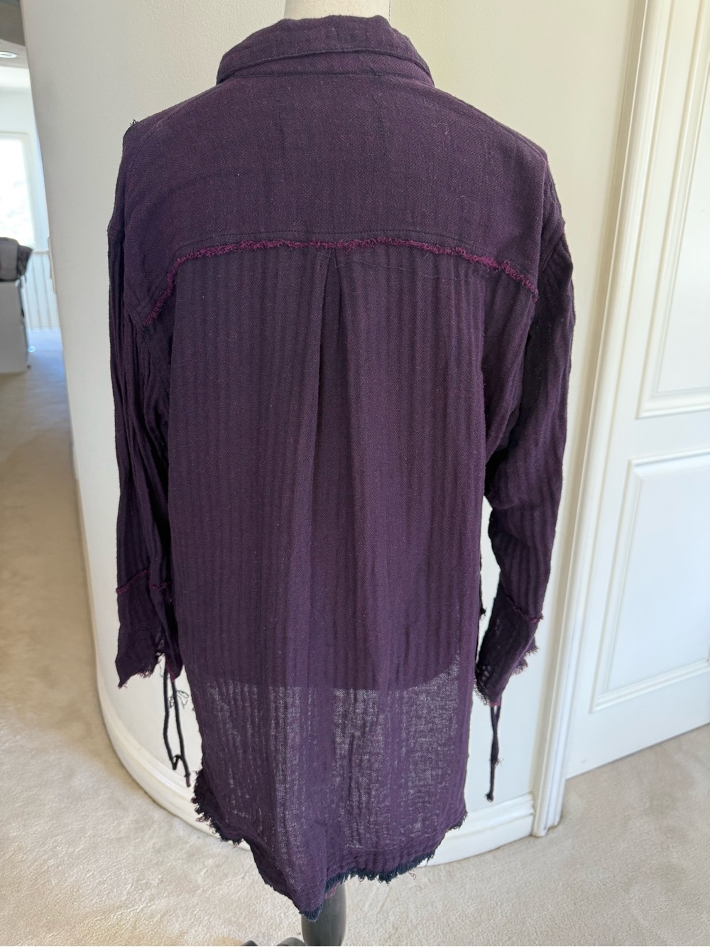 Free People Deep Purple Distressed Button-Down Shirt Jacket - Picture 2 of 2